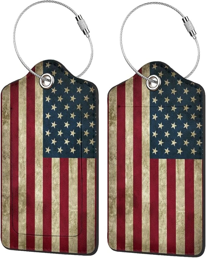2 Pack Luggage Tags for Suitcases, PU Leather Bag Tag with Privacy Cover Address Card Travel Essentials-American Flag