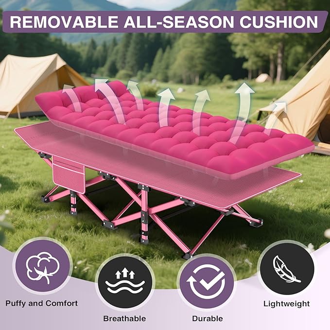 ZENPETIO Camping Cot for Adults - Heavy-Duty Cot Bed with Mattress, Portable Sleeping Cots for Outdoor Indoor, 1200D Oxford Folding Cots for Home Travel, Max Load 500LBS, Pink28in