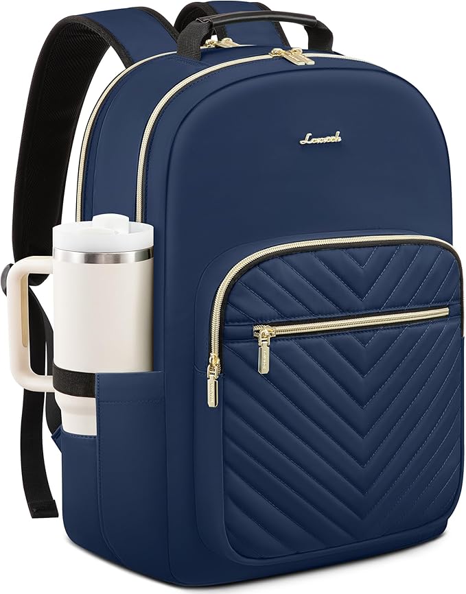 LOVEVOOK Laptop Backpack for Women with Giant Tumbler Holder 18.4 inch,Designer Travel Backpack Laptop Bag College Backpack,Quilted Work Nurse Teacher Backpack Purse Computer Bag Daypack,Navy Blue