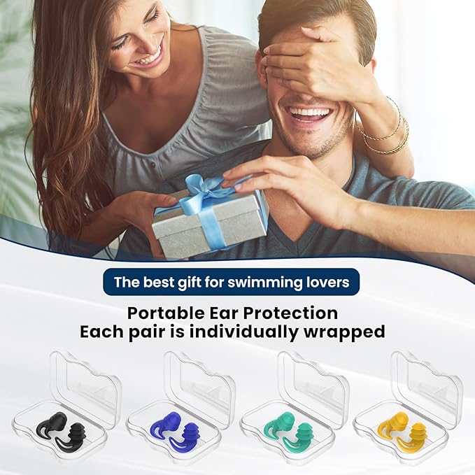 Waterproof Ear Plugs for Swimming Adults - 4 Pairs Reusable Silicone Ear Plugs for Women & Men, Keep Ear Water Out Swimming, Showering, Bathing, Surfing, Water Sports