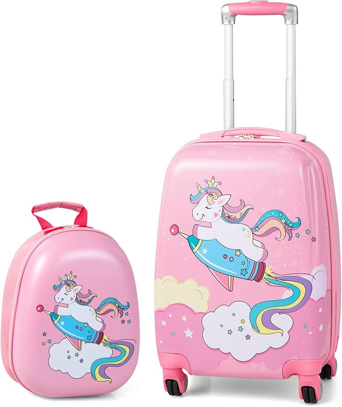 BABY JOY 2 PC Kids Carry On Luggage Set, 18" Toddler Trolley Case & 12" Backpack with Hard Shell & Rolling Wheel Design, Kids Suitcase for Boys Girls (Pony)