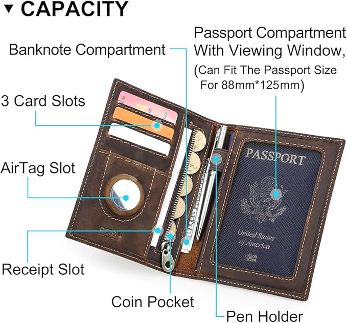 CONTACTS Full Grain Leather Passport Holder RFID Blocking Travel Passport Wallet Compatible with Airtag Passport Case Handmade with 4 Cards Slots, Coin Pocket (Brown)