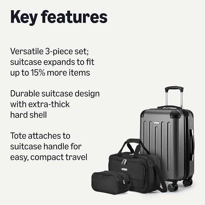 Amazon Basics 3-Piece Luggage Set with Spinner Wheels, Including 22" Expandable Hardside Carry-On Suitcase, 15-inch Tote Bag, and 10-inch Compact Travel Bag, Black