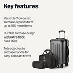 Amazon Basics 3-Piece Luggage Set with Spinner Wheels, Including 22" Expandable Hardside Carry-On Suitcase, 15-inch Tote Bag, and 10-inch Compact Travel Bag, Black