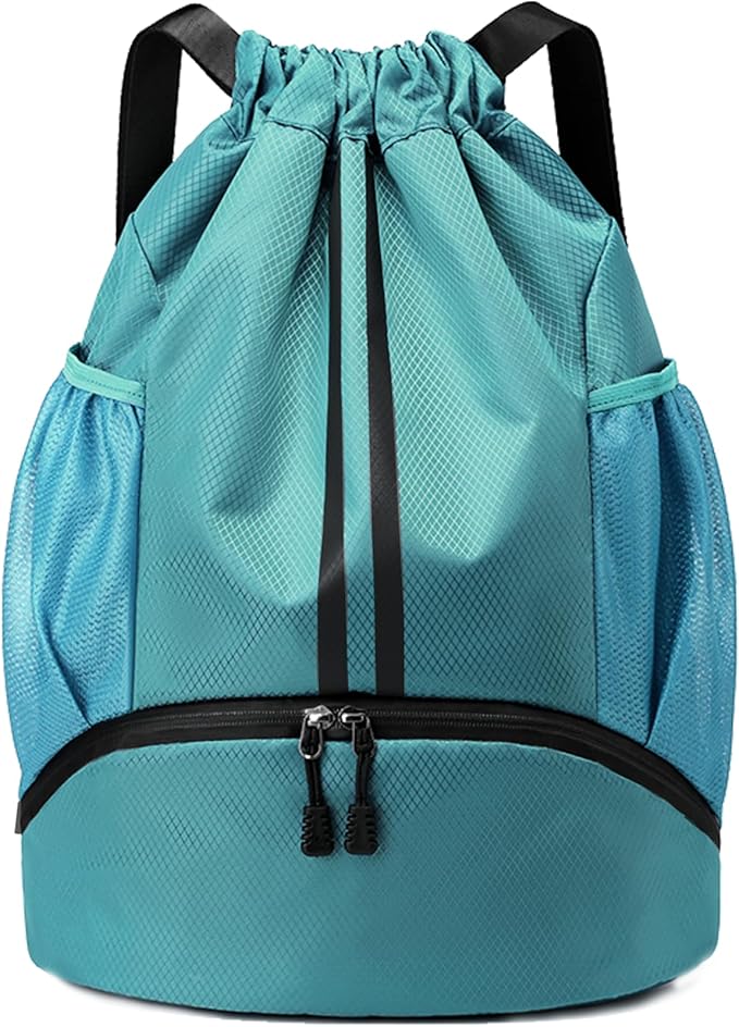 JELUTAR Drawstring Backpack Gym Bag with Shoes Compartment for Soccer, Basketball, Swim, Water-Resistant String Backpack Beach Cinch for Women Men, Teal