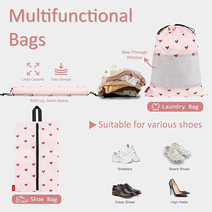 U+U 5 Set Packing Cubes for Travel Essentials Ultralight Luggage Packing Organizers with Laundry Bag and Shoe Bag for Vacation, Business Trip and Camping (Sweetheart Pink)