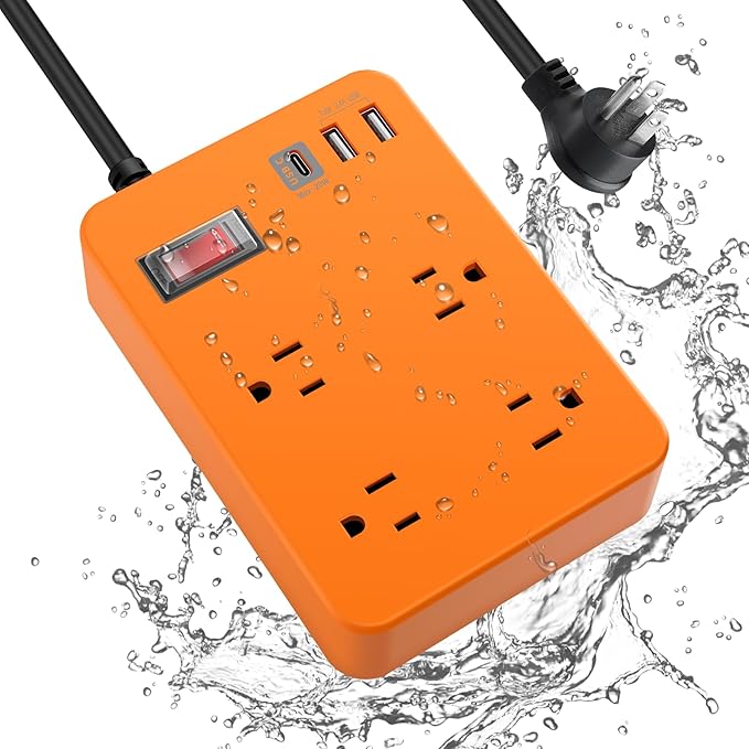 Outdoor Power Strip Weatherproof,Fast Charging Station 20W USB C,Waterproof Surge Protector 4 Outlets, Multi Outlet Extension for Camping, Garden, Kitchen,Bathroom,Flat Plug (Orange, 6 FT Cable)