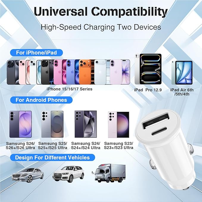 48W USB C Car Charger for iPhone 17 16 15 Pro Max, 48W Dual Port USB-C & USB-A Car Fast Charging Adapter, 2X3FT C to C Cable & A to C Carplay Cable for iPhone 17 16 15 Series/iPhone Air, iPad, Samsung