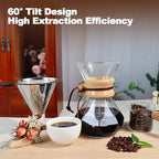 Pour Over Coffee Maker 600ml 20.3oz Glass Drip Coffee Maker with 304 Stainless Steel Filter High Borosilicate Glass Duckbill Spout Solid Wood Handle Pour Over Coffee Dripper for Daily Brewing