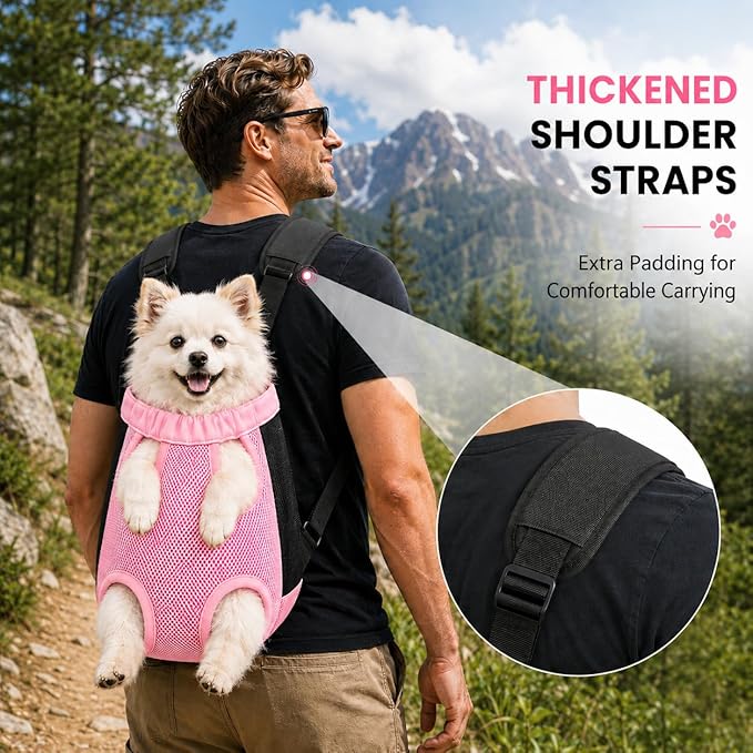 Pet Front Carrier for Small Dogs & Cats, Breathable Legs-Out Riding Carrier for Cycling, Walking & Outdoor Travel, Adjustable Hands-Free Pet Carrier Backpack, Pink