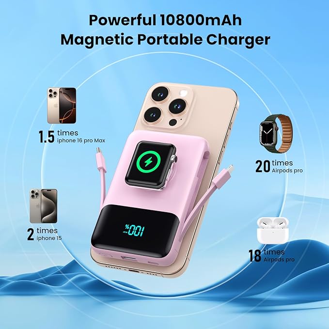 Magnetic Portable Charger for iPhone with Built-in Cable,10800mAh Wireless Power Bank for Magsafe Travel Essential,6-in-1 25W PD Fast Charging USB C Battery Pack for iPhone 17/16/15/14, Apple Watch
