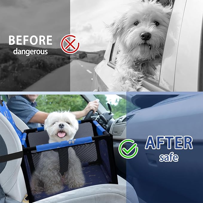Dog Car Seat Foldable Dog Car Booster Seat Waterproof Breathable Oxford Travel Bag for Small to Medium Dogs, Puppies, and Pets-Pattern Blue-Upgrade