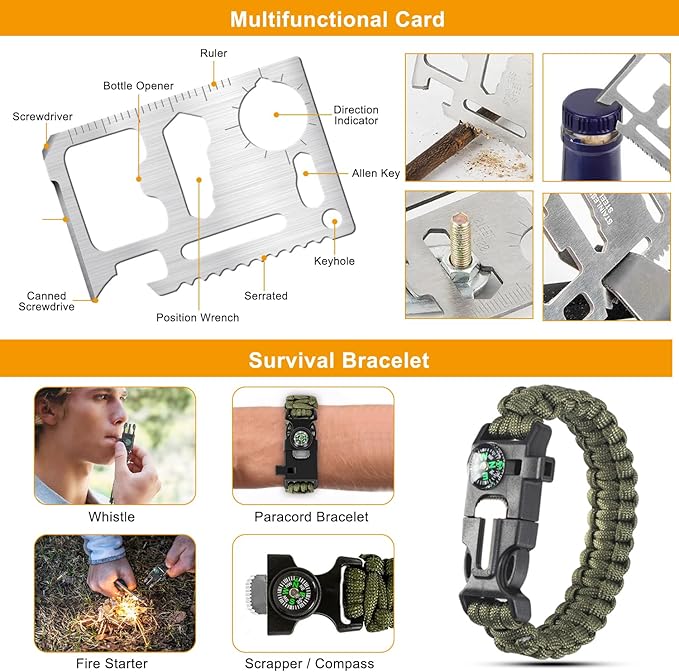 Survival Kit for Men & Emergency Backpack - 11-in-1 Emergency Survival Gear for Camping, Hiking, Backpacking | Earthquake Preparedness, Outdoor Essentials
