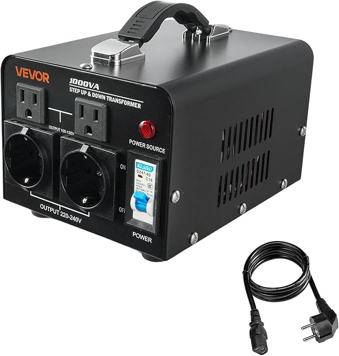 VEVOR Voltage Converter Transformer, 1000VA, Heavy Duty Step Up/Down Power Transformer, Convert from 110V to 220V and 220V to 110V, with EU & US Outlets, US Power Cord, Circuit Breaker Protection