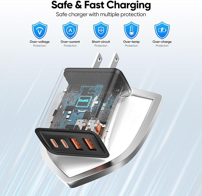 2 Pack USB C Charger Block 60W, 4-Port GaN5 Super Fast Phone Charger, Type C Charging Block PD 20W & QC 20W with 6.6FT USB C Cables for iPhone 17 Air/17/16/15 Pro Max Samsung Galaxy S24