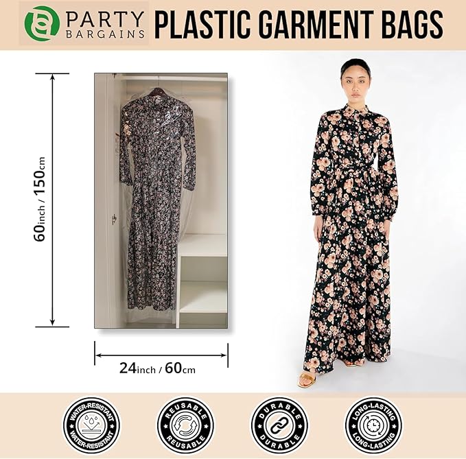 PARTY BARGAINS 60 x 24 Inch Disposable Clear Garment Bags, 100 Pack – Heavy-Duty Plastic Clothes Covers for Suits Dresses Coats, Closet & Travel