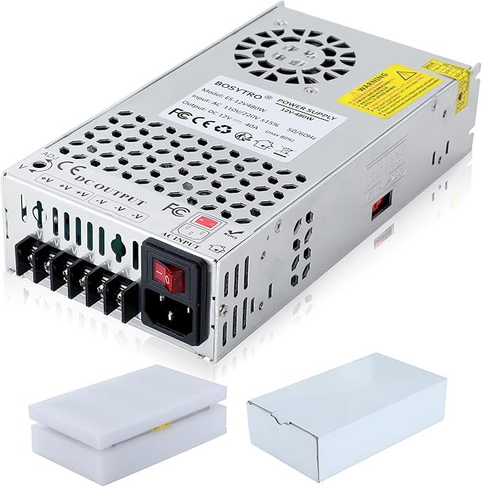 Upgraded 12V DC Power Supply 480W 40A 110v to 12v Converter Switching Power Supply for Led Strip, CCTV, 3D Printer, Motor Pump, Electronic Instruments, Lab Computer, Without Power Cord