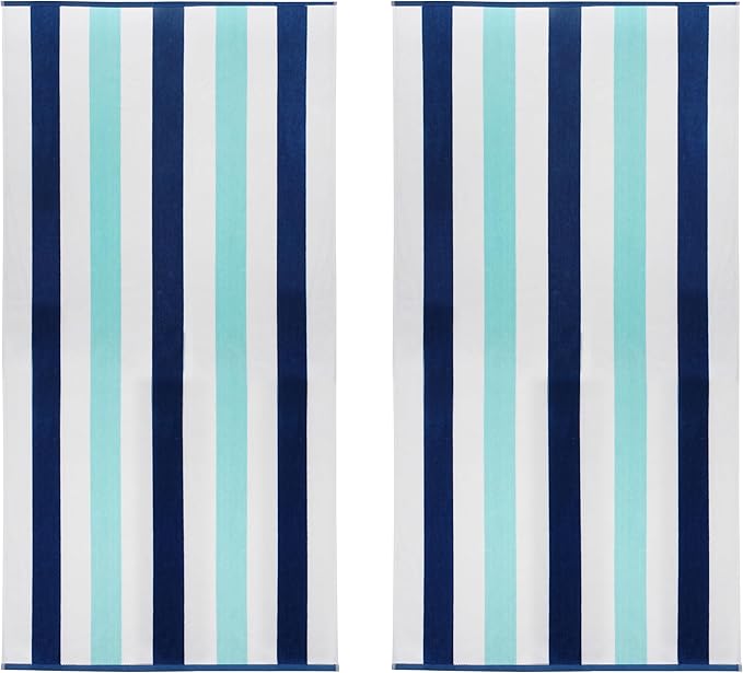 COTTON CRAFT Oversized Beach Towel - 2 Pack 35 x 70 inches XL Beach Towel - 100% Cotton Velour - Big & Huge - Thick Plush 450 GSM Super Soft Luxury Towel - Pool Picnic Bath - Cabana Stripe Blue