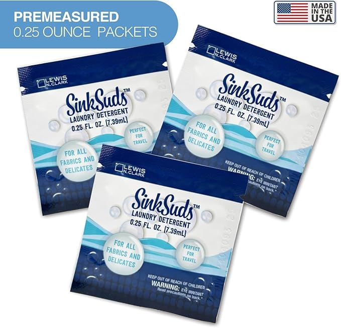 SinkSuds Travel Laundry Detergent Liquid Soap + Odor Eliminator for All Fabrics Including Delicates, Sink-Packets, 0.25 Fl Oz (Pack of 16)