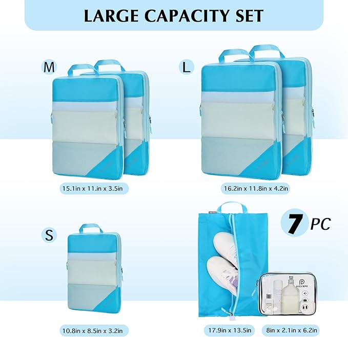 PFEYRPK Lightweight Compression Packing Cubes for Suitcases, Compressible Expandable Travel Packing Organizer with Clear Toiletries and Backpack Bag, Travel Essentials for Carry on Luggage 7 Set