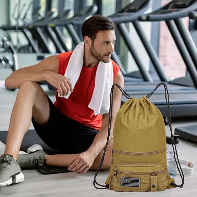 seyfocnia Drawstring Backpack Tactical String Bag with Zipper Pockets Waterproof Cinch Bag Sport Gym Sackpack - Khaki