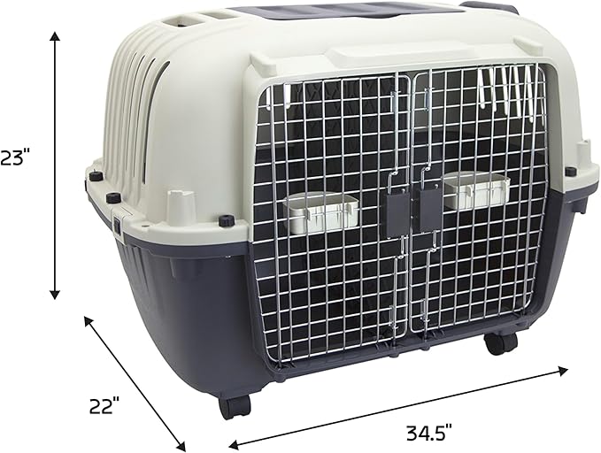 SportPet Airline Compliant 2-Door Large 34.5" Travel Dog Kennel - Durable Plastic Pet Carrier w/Divider, Wheels, & Bowls, Collapsible Indoor/Outdoor Dog Kennel, Dogs up to 28" L & 20" H - Cream/Gray