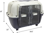 SportPet Airline Compliant 2-Door Large 34.5" Travel Dog Kennel - Durable Plastic Pet Carrier w/Divider, Wheels, & Bowls, Collapsible Indoor/Outdoor Dog Kennel, Dogs up to 28" L & 20" H - Cream/Gray