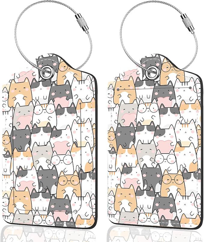 2Pack Luggage Tags for Suitcases, Cute Unique Pu Leather Cruise Luggage Tag with Privacy Cover ID Label Address Card and Metal Ring Suitable for Women Men Kids Travel Bag Cute Cat