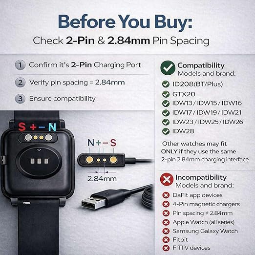 Smartwatch Charger, Magnetic Charging Cable for IDW13/15/16/17/19/21/23/25/26/28, ID208, GTX20, Replacement USB Magnetic Charger Compatible with VeryFit/VeryFitPro App Models Smart watch,, Black