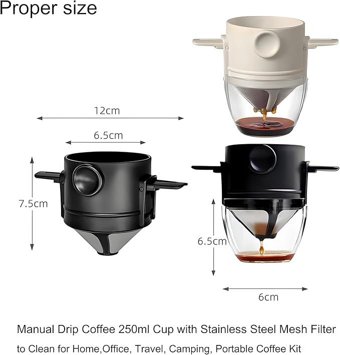 Pour Over Coffee Maker, Manual Drip Coffee 250ml Cup with Stainless Steel Mesh Filter, to Clean for Home,Office, Travel, Camping, Portable Coffee Kit (White)