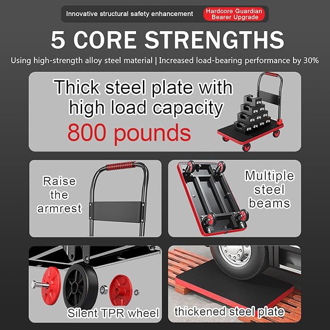 Foldable Luggage Trolley with Handle Silent TPR Wheels Heavy-Duty Design Portable Cart with Bumper Strips for Easy Loading & Storage (48x72x82cm)
