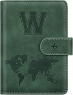 Personalized W Passport Holder Cover Initial Letter Travel Wallet RFID Blocking Passport Cover Credit Card Holder Case Passport Book Holders for Women and Men, Pine Green-W