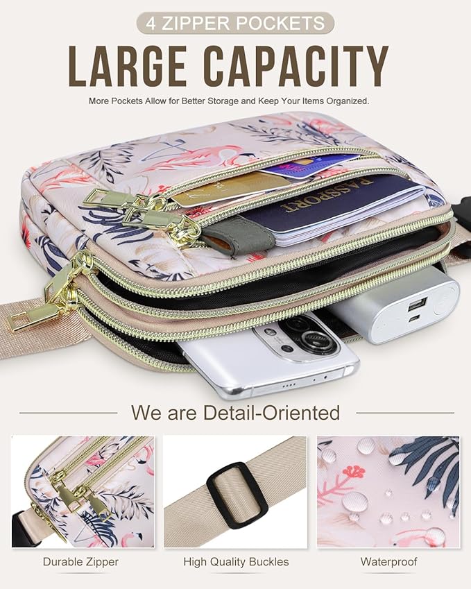 Capolo Fanny Packs for Women Fashion Waist Packs Bag with Adjustable Strap and 4 Zipper Pockets Waterproof Everywhere Crossbody Belt Bag for Workout Running Travelling(Flamingo, Large)