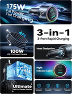 JOYROOM 175W Car Charger USB C Fast Charge [GaN] 3-Port Car Cigarette Lighter Adapter with USBC Cable, Super Fast Car Charger USB C for iPhone 17/16/15 Series, Galaxy S26/25, Laptop, Tablet and More