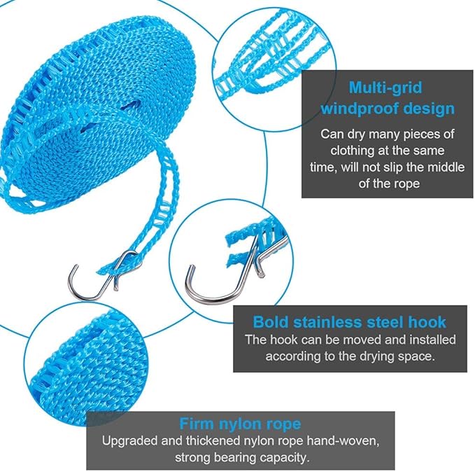 Foshine Clotheslines 2 Pack Clothesline Clothes with 24 Pcs Clips Drying Rope Portable Windproof for Travel Indoor Outdoor Laundry Clothes Line Hanger Camping Home