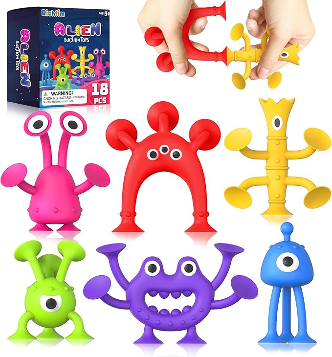 Suction Toy Toddler Bath Toys: No Hole Bath Toy for Boys Girls - 18PCS Sensory Fidget Toys for Kids - Window Building Toy Gooide Bag Stuffers - Travel Essentials Road Trip Activities for Kids Gifts