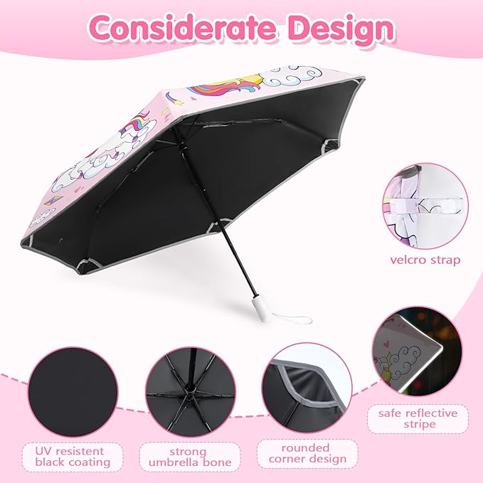 Kids Folding Umbrella Auto Open/Close Umbrellas for Rain Round Corner Safe Design UV Resistant Automatic Children Travel Umbrellas Reinforced Canopy 360° Reflective Strip Lightweight for Girls & Boys