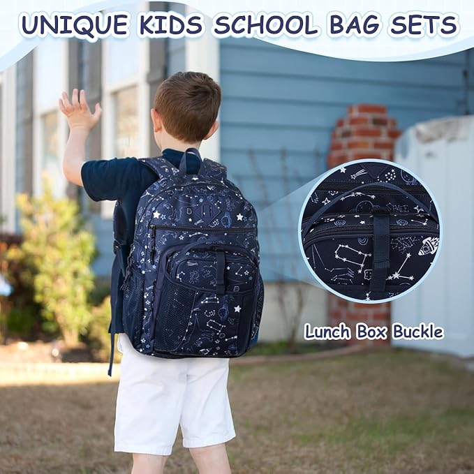VASCHY Kids Backpack Lunch Bag Set, 2-1 School Bookbag Insulated Lunch Box for Toddlers,Preschool,Daycare,Kindergarten,Elementary School Navy