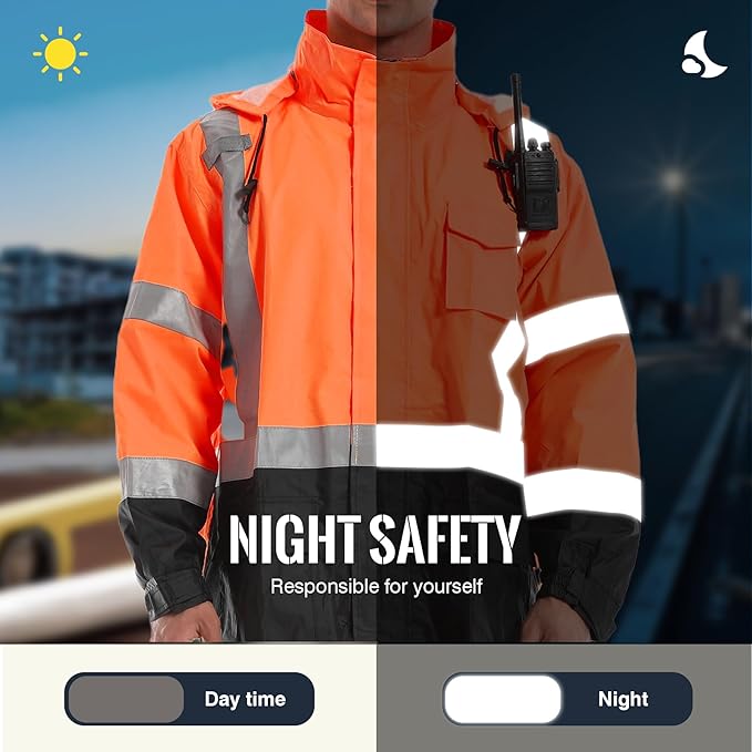 SKSAFETY Hi Vis Safety Rain Jacket for Men, Construction Work Rain Gear Heavy Duty Class 3 Rain Coat Waterproof Lightweight