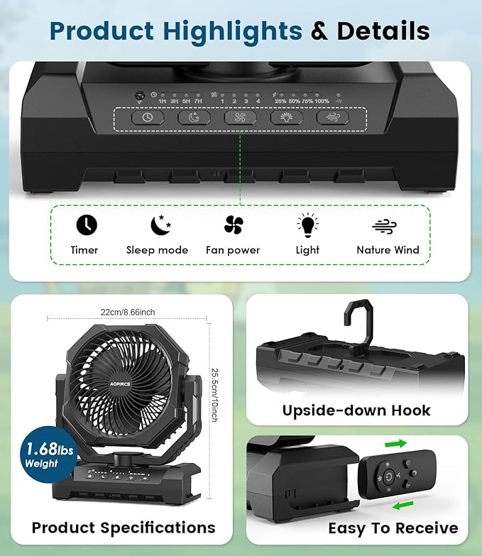 Camping Fan Rechargeable, 60H Long-Lasting Battery Powered Fan - 4 Speeds, 3 Light, Timer, Sleep Mode, Hook, Portable Fans for Camping Gear, Travel Essentials, Tent, RV, Outdoor, Garage, Emergency