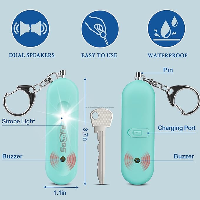 Personal Safety Alarm - Waterproof Rechargeable Security Alarm - 140dB Extra Loud Siren & Strobe Light - Self Defense Keychain - Gift for Women, Teenagers, College Girls, Seniors (Aqua)