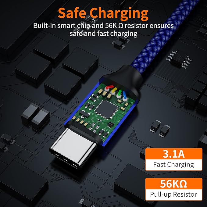 USB Type C Cable,USB A to USB C 3A Fast Charging (3.3ft 2-Pack) Braided Charge Cord Compatible with iPhone 15 16 Pro Max,Samsung Galaxy S20 S10 S9 S8,Note 9 8,A11 A20 A51,LG V30 V35,Moto Z2 Z3 (Blue)