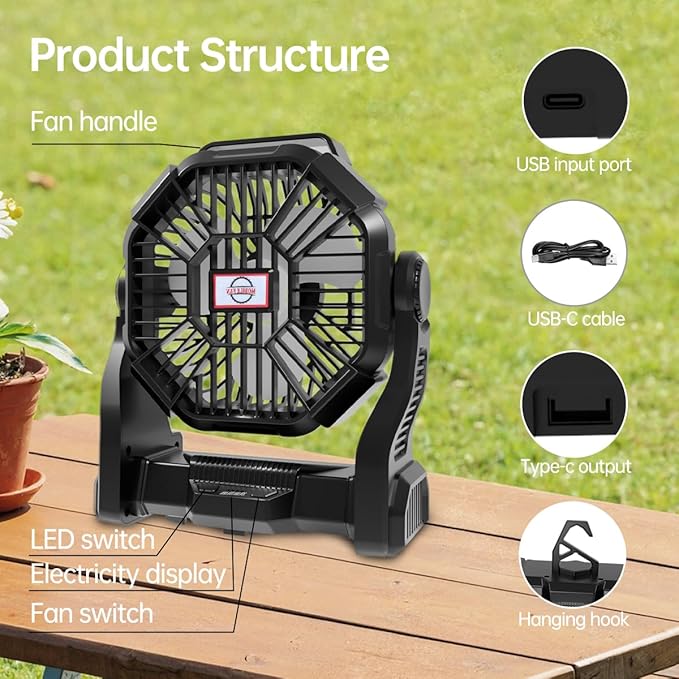 Portable Rechargeable Camping Fan for Tent, LED Lantern, 270 Rotation, 36 Hours 10-Inch Quiet Personal USB Cooling Fan for Travel, Home, Office