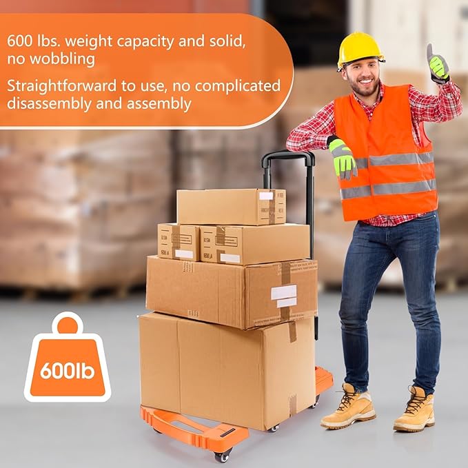 Folding Hand Truck with 6 Wheels and Elastic Ropes - Portable Heavy Duty Dolly Cart for Travel and Moving