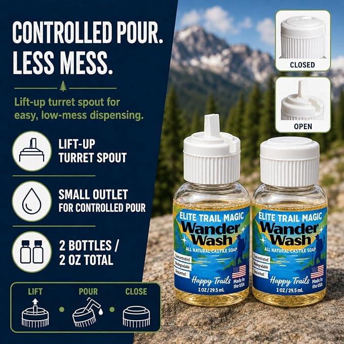 Elite Trail Magic- 2 pack- Made In USA- Wander Wash Biodegradable Castile Soap – Ultralight (2) 1 oz Concentrated Liquid Soap for Camping -Travel & Backpacking – All Purpose, Unscented (2)