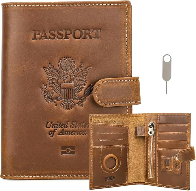 CONTACTS Full Grain Leather Passport Holder RFID Blocking Passport Wallet Compatible with Airtag Travel Passport Cover with SIM Card Removal Tool (Badge, Camel Brown)