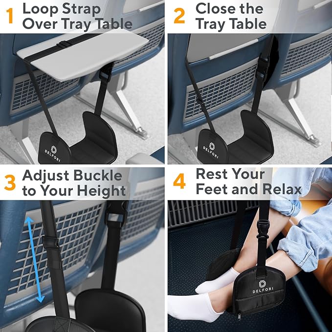 Portable Airplane Footrest for Airplane Travel - Comfortable Foot Hammock w/Memory Foam & Hardboard for No Feet Clashing - Ideal for Pain and Swelling Relief - Travel Essentials to Relax Your Feet