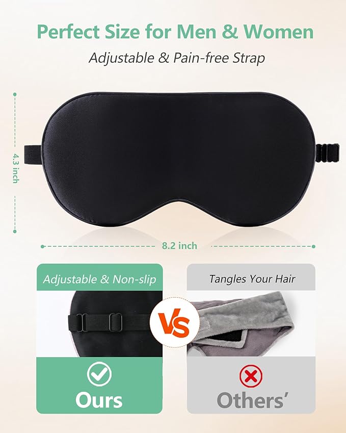 BeeVines 100% Real Mulberry Silk 2 Pack Sleep Mask, Pure Silk Eye Masks with Adjustable Strap for Sleeping, 100% Block Light Eye Shade Cover, Reduces Puffy Eyes Traveling Gifts(Black & Green)