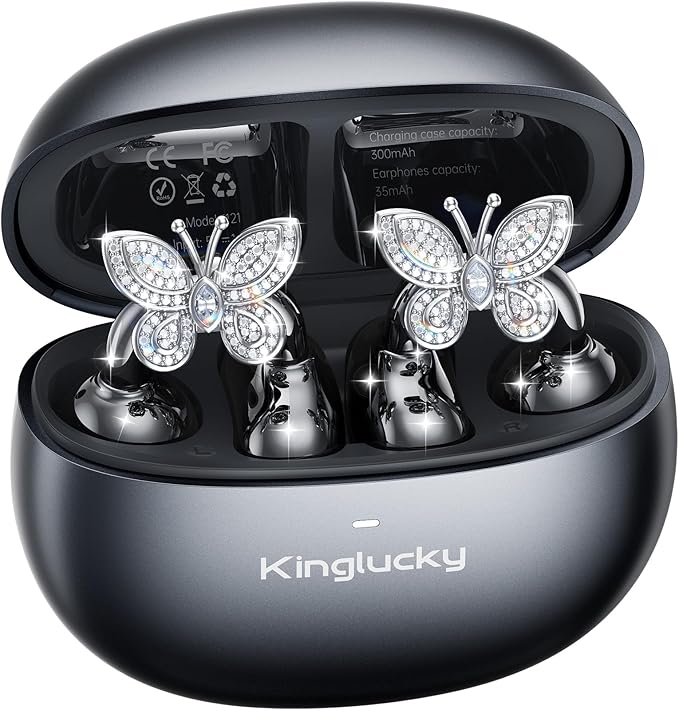 Kinglucky Jewelry-Inspired Clip-On Earbuds with Butterfly Earrings, Comfortable Fit & 50H Playtime Open Ear Bluetooth 5.4 Wireless Headphones for Women, Small Ears, Sports & Workouts (Black)
