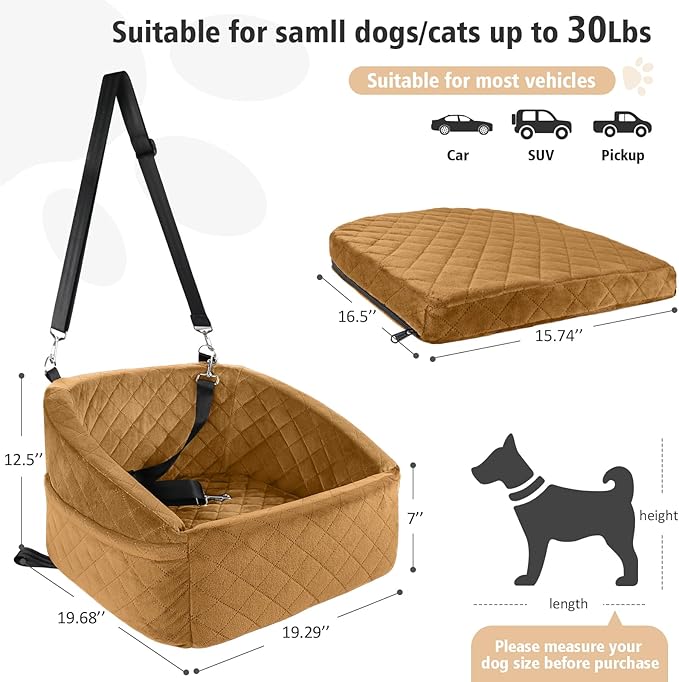 NEEZUKAR Dog Car Seat for Small Medium Dogs,Detachable Washable Dog Booster Seat Under 30lbs,Pet Car Seat Travel Bed with Storage Pockets and Dog Safety Belt（Brown